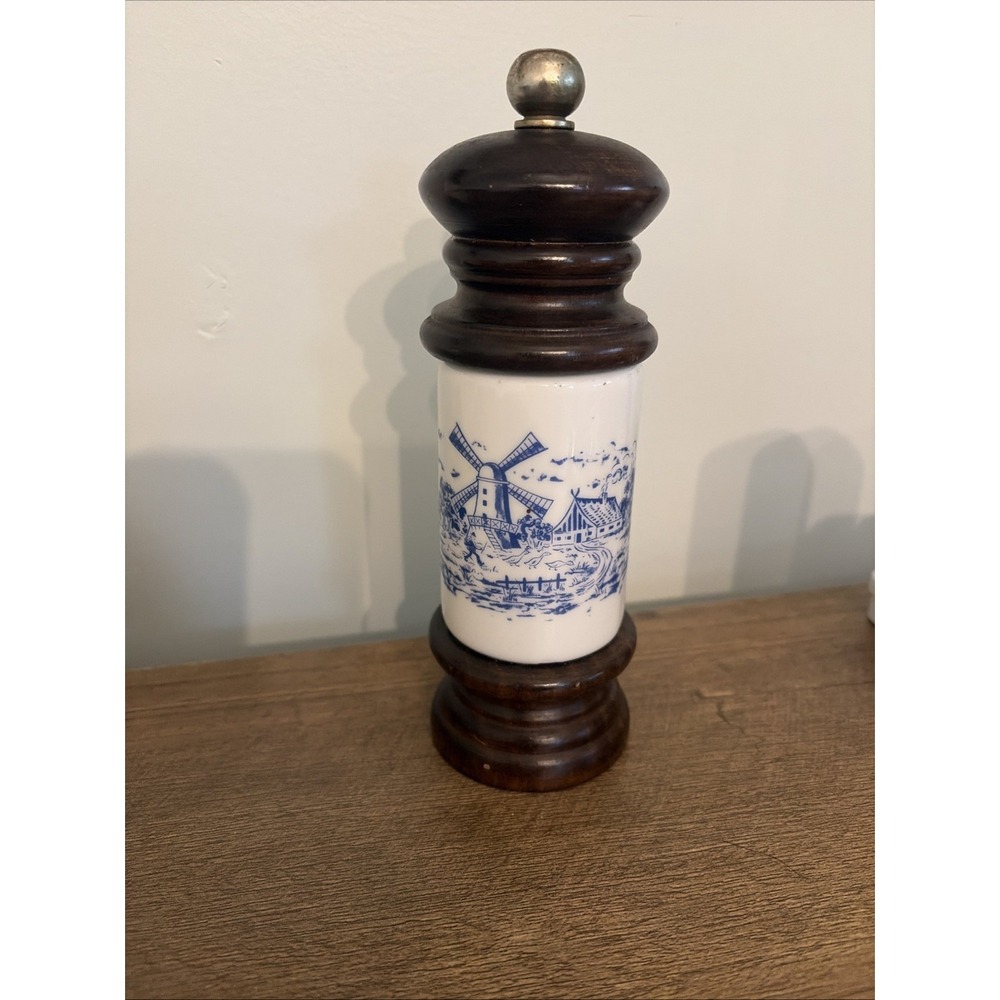 Delft White And Blue Pepper Grinder With Windmill. Holland, Dutch